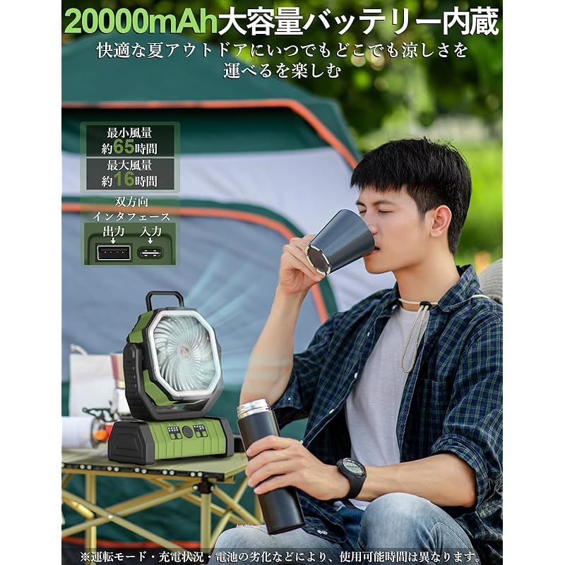 キャンプ 扇風機 20000mAh大容量 最大60時間連続使用 Type-C充電