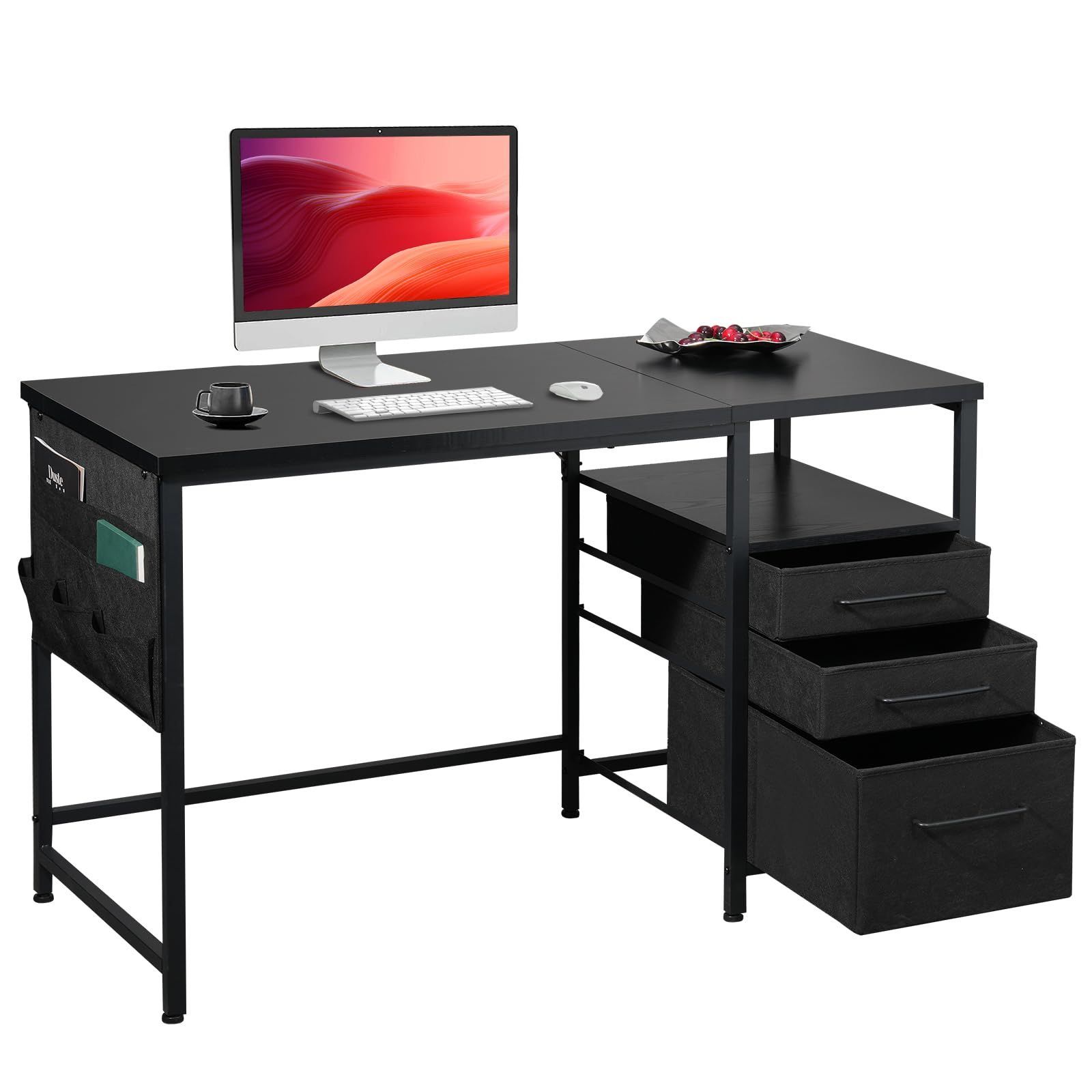 数量 左右入替可 学習机 勉強机 テレワーク オフィスデスク デスク デスク デスク 在宅ワーク 引き出し付き 幅120cm×奥行55cm 黒い ラック付きデスク つくえ パソコンデスク pcデスク 机 Maihail
