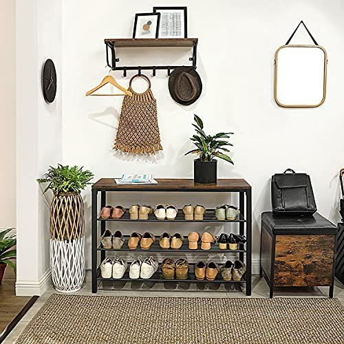 『SNS人気話題』【特価商品】VASAGLE シューズラック 下駄箱 木製 靴棚 4段 奥行30cm スリム 省スペース おしゃれ 木目調 安定 ブーツ 玄関収納 玄関ベンチ メタルメッシュラック 大容量 ヴィンテージ風 組立簡単 廊下 NLBS14BX ダブルバックル