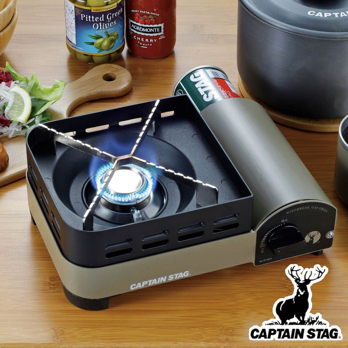 カセットコンロ ジュニア ウインドブレイク キャプテンスタッグ CAPTAIN STAG アウトドア ポータブル ガスコンロ 薄型 卓上コンロ カセットガスコンロ コンロ 薄型コンロ 卓上ガスコンロ マグネット着脱式 ケース付き