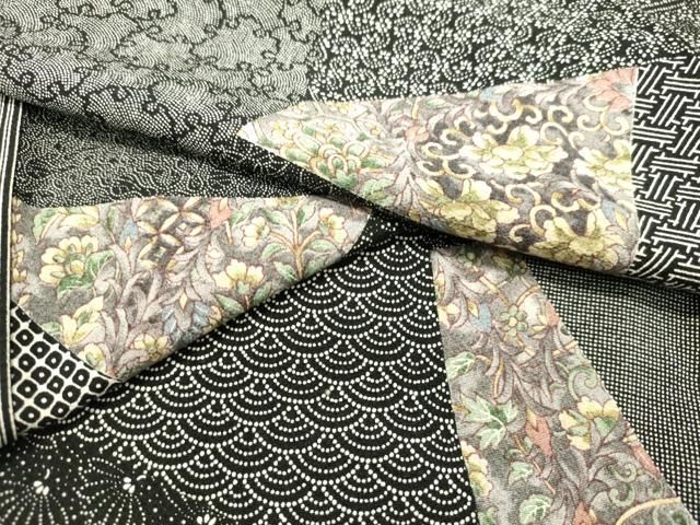 平和屋着物○伝統工芸士 染谷梅治 江戸小紋 切嵌更紗花文 黒地 さが美