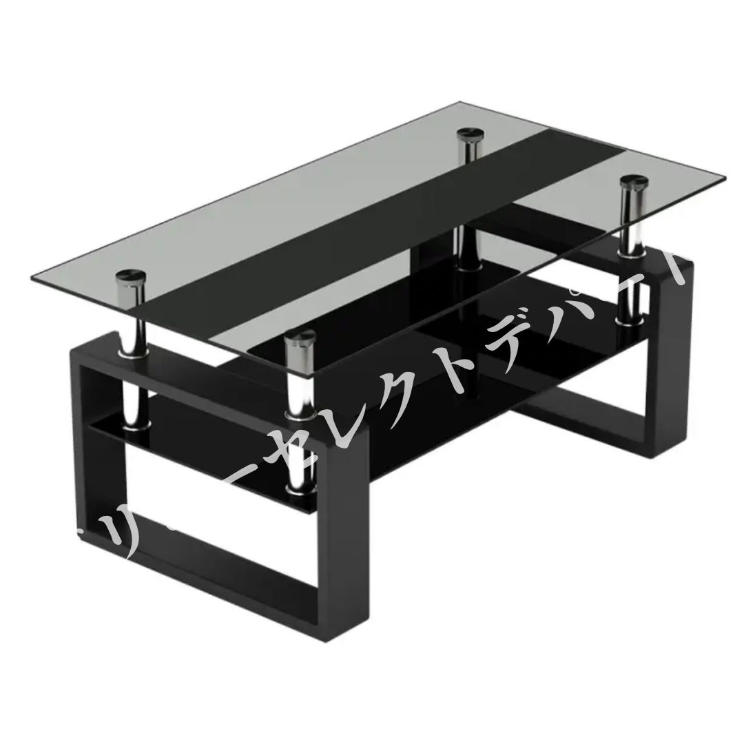 ブラック モダン長方形コーヒーテーブル 強化ガラス天板+MDF収納棚 リビング用 机・テーブル コーヒーテーブル ガラスローテーブル 幅87.5奥行47.5高