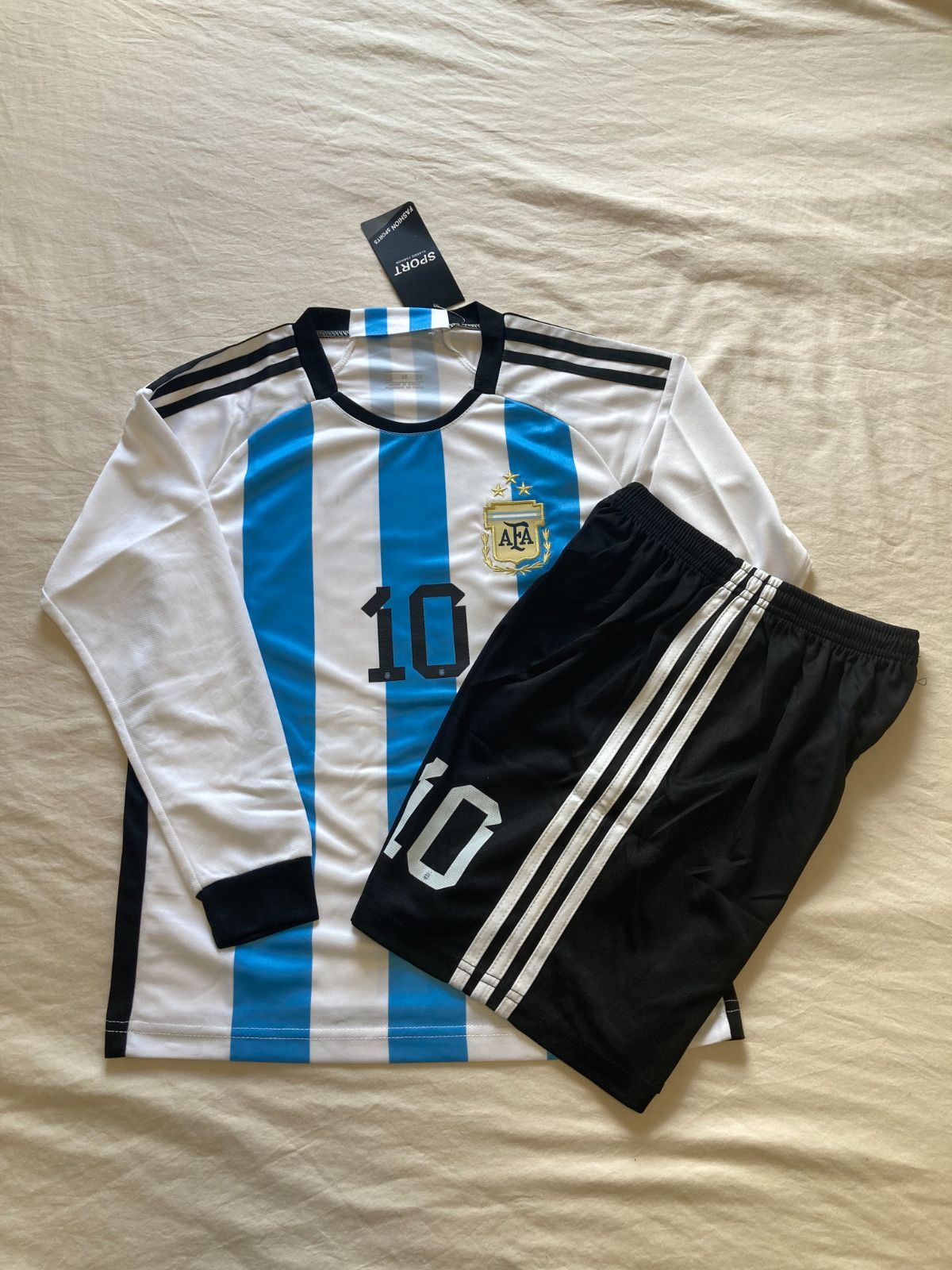 140~150cm アルゼンチン 長袖 メッシ 子供サッカーユニフォーム 上下2