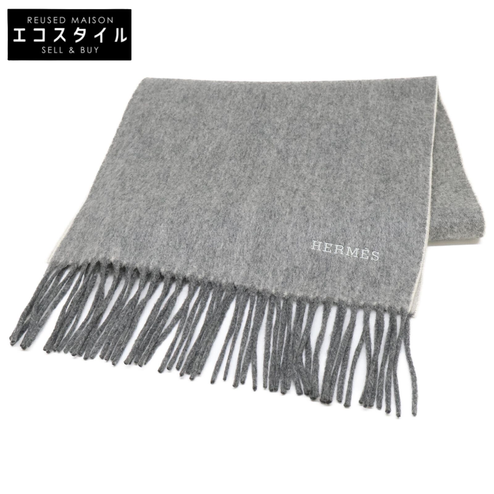 HERMES エルメス 【美品】ロゴ刺繍入り バイカラー カシミヤ100 HERMES エルメス 【美品】ロゴ刺繍入り バイカラー カシミヤ100