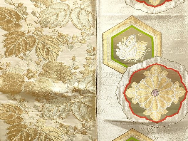 袋帯 屏風に美しい花模様 牡丹 菊 鴛鴦 金糸 薄曙色 O-3820 袋帯 屏風に美しい花模様 牡丹 菊 鴛鴦 金糸 薄曙色 O-3820