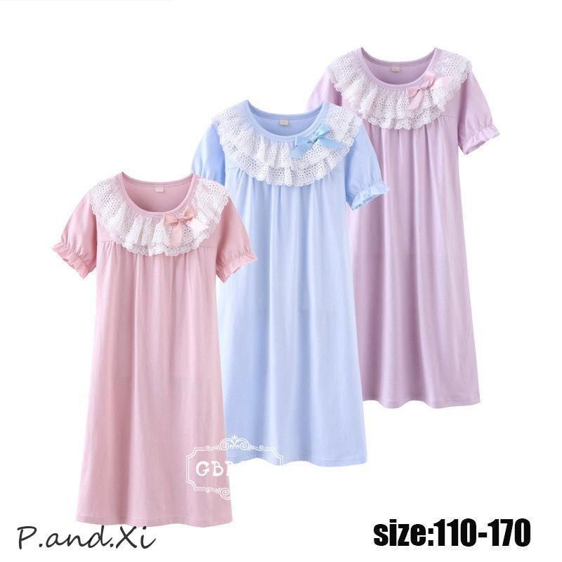 ネグリジェ キッズ パジャマ 子供パジャマ 半袖 女の子 夏 ロング丈 ルームウェア ワンピース レース 切り替え パジャマ 部屋着 かわいい おしゃれ 可愛い 寝巻