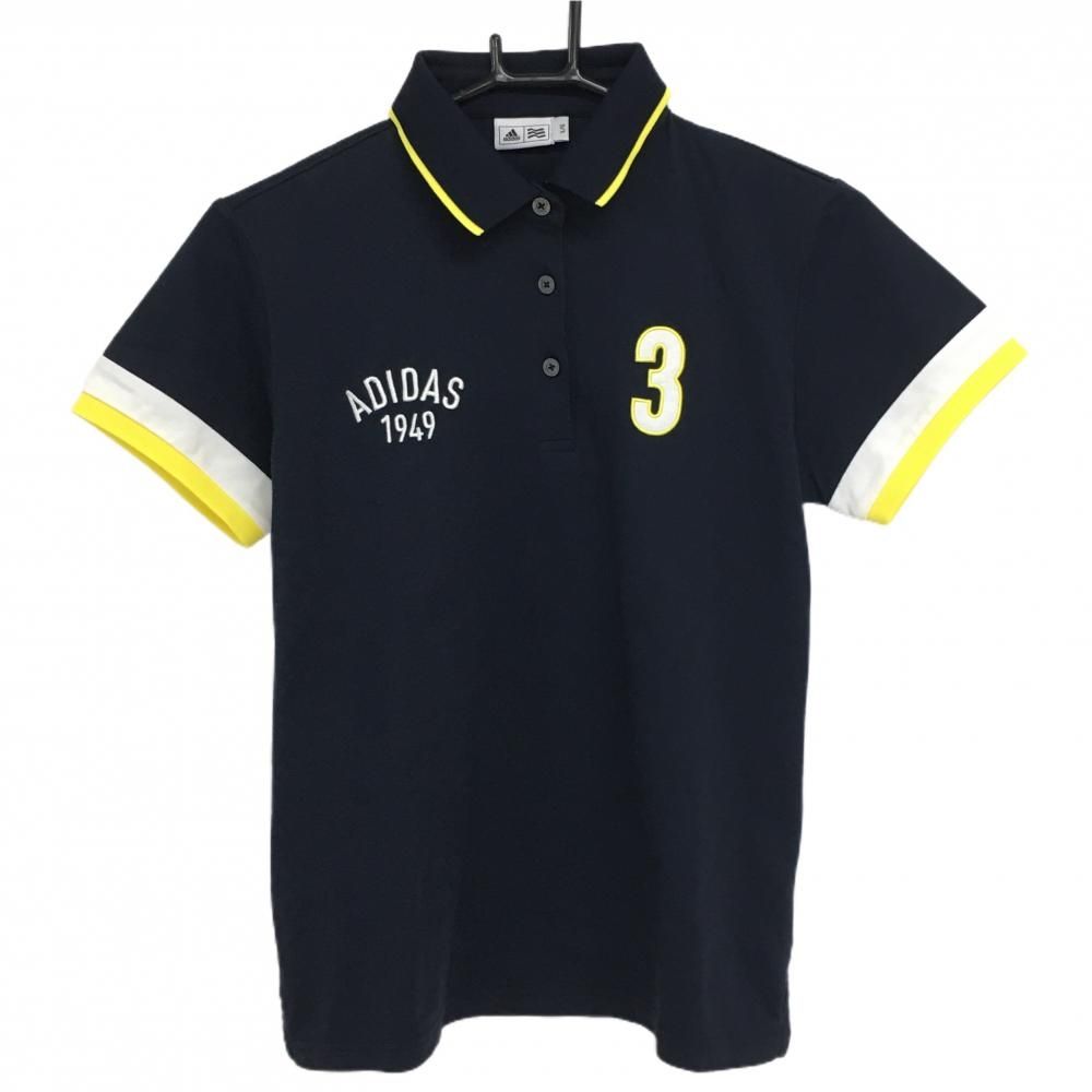 【美品】アディダス 半袖ポロシャツ ネイビー×イエロー 襟裏ボーダー ナンバリング刺しゅう レディース L/G ゴルフウェア adidas