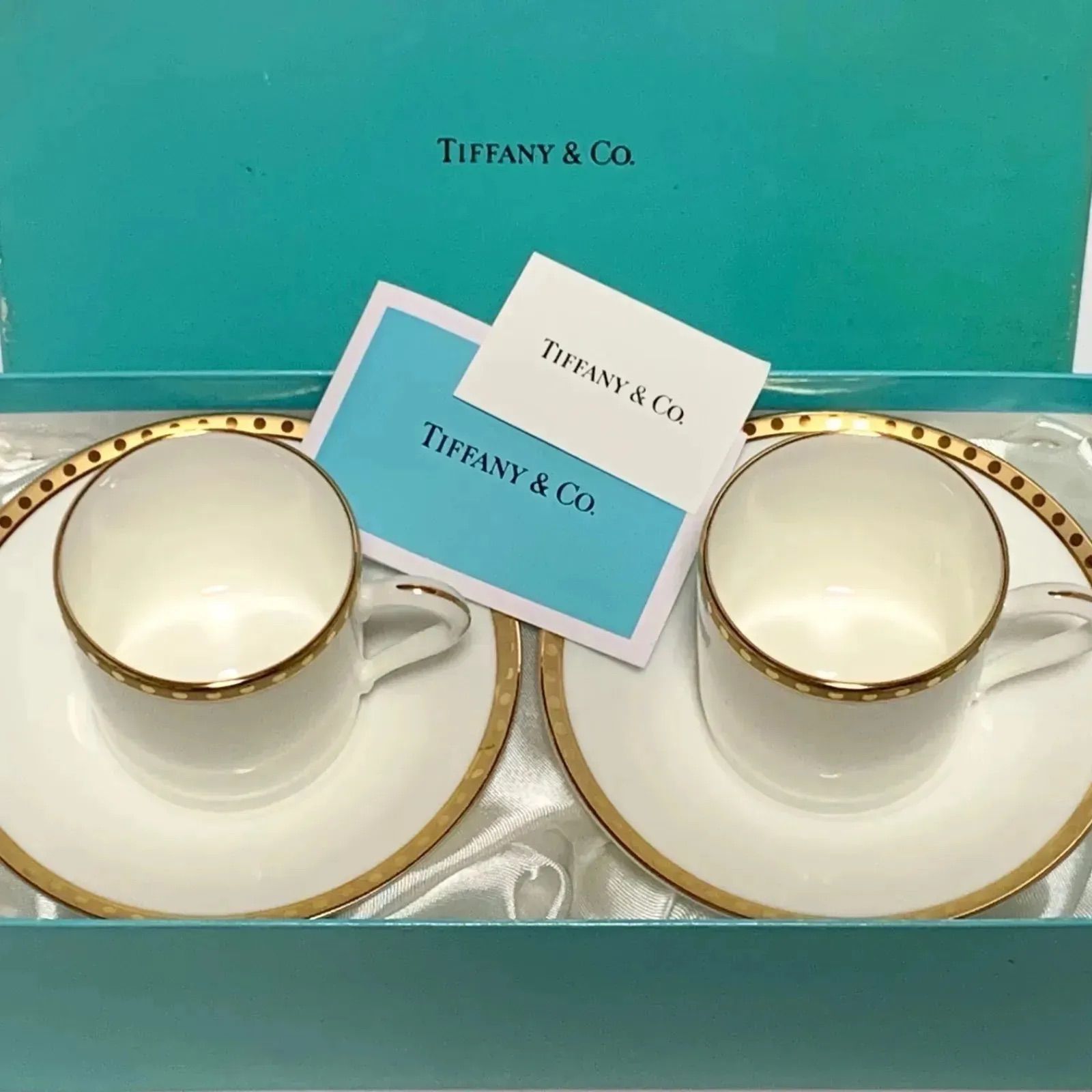 Tiffany&Co. ティファニー　GoldBand　ゴールドバンド　ペアマグカップ　2客セット　陶器　ホワイト　ドット柄　珈琲カップ　 デミタス　 コップ　皿　洋食器　インテリア食器【Y28016K】
