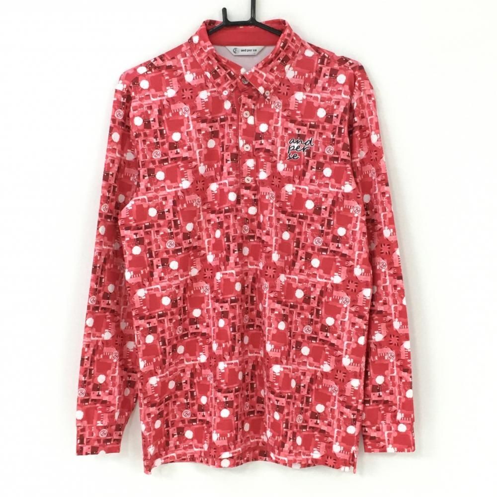 coco 中古 アンパスィ and per se メンズ 長袖ポロシャツ M 赤 ボタンダウン ☆SALE価格☆【超美品】アンパスィ 長袖ポロシャツ レッド×白 総