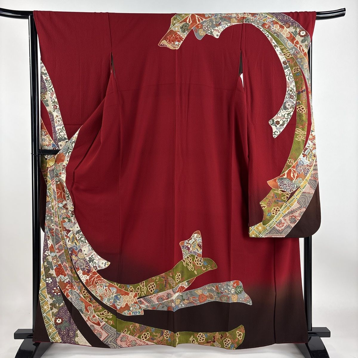 美品　正絹振袖　深緑　6点セット　裄丈68 163cm前後 振袖 レンタル 緑 【Mサイズ 緑バラのし 桂由美】 振袖 レンタル