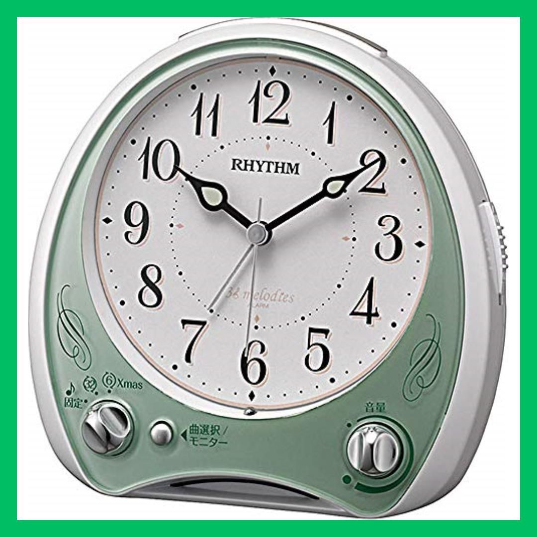 【人気商品】グリーン リズム(RHYTHM) 目覚まし時計 アナログ 連続秒針 38曲 メロディ アラーム 緑 13.6×13.5×7.9cm  アリアカンタービレN 8RM400SR05