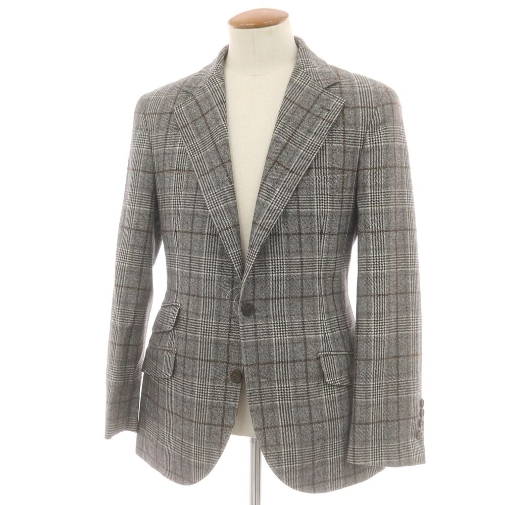 ブルネロクチネリ Brunello Cucinelli ウール チェック テーラードジャケット ホワイト×ブラック×ブラウン サイズ46 メンズ