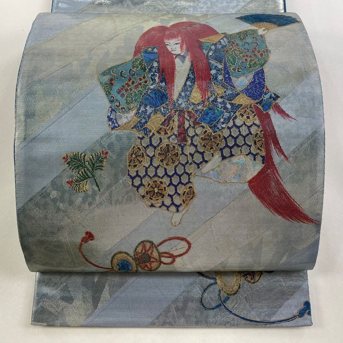 袋帯 秀品 落款 仔獅子 鼓 箔 金銀彩 青灰色 お太鼓柄 正絹