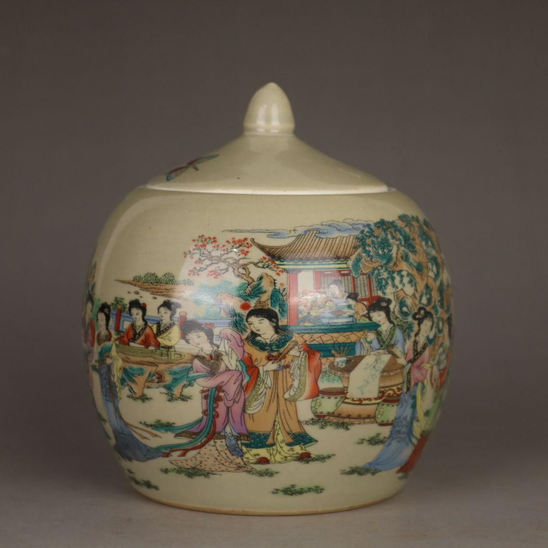 粉彩豆青釉十二金釵蓋缶 茶缶 茶道具 現代工芸品 美術品 置物