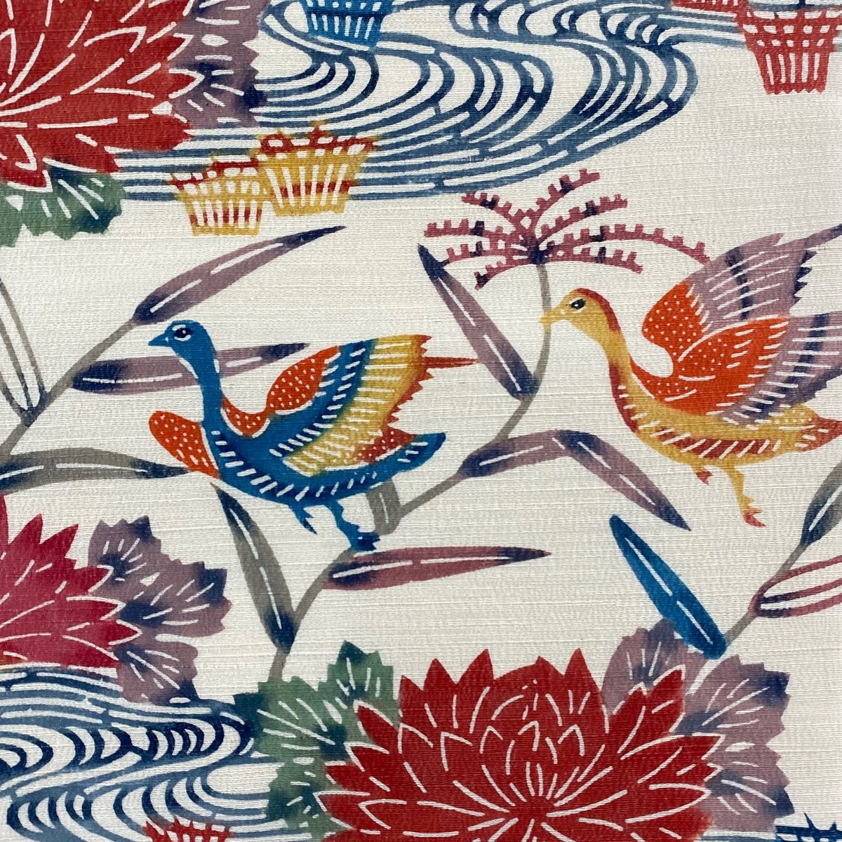 名古屋帯 秀品 紬地 花鳥 流水 クリーム 正絹