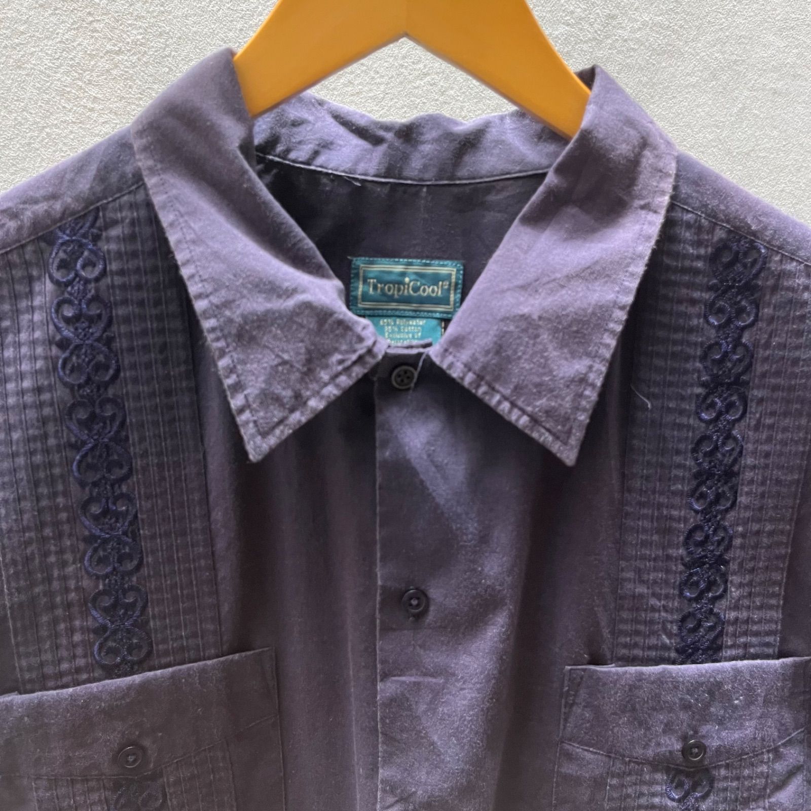 キューバシャツ Guayabera shirt 茄子紺 半袖シャツ ネイビー Lサイズ
