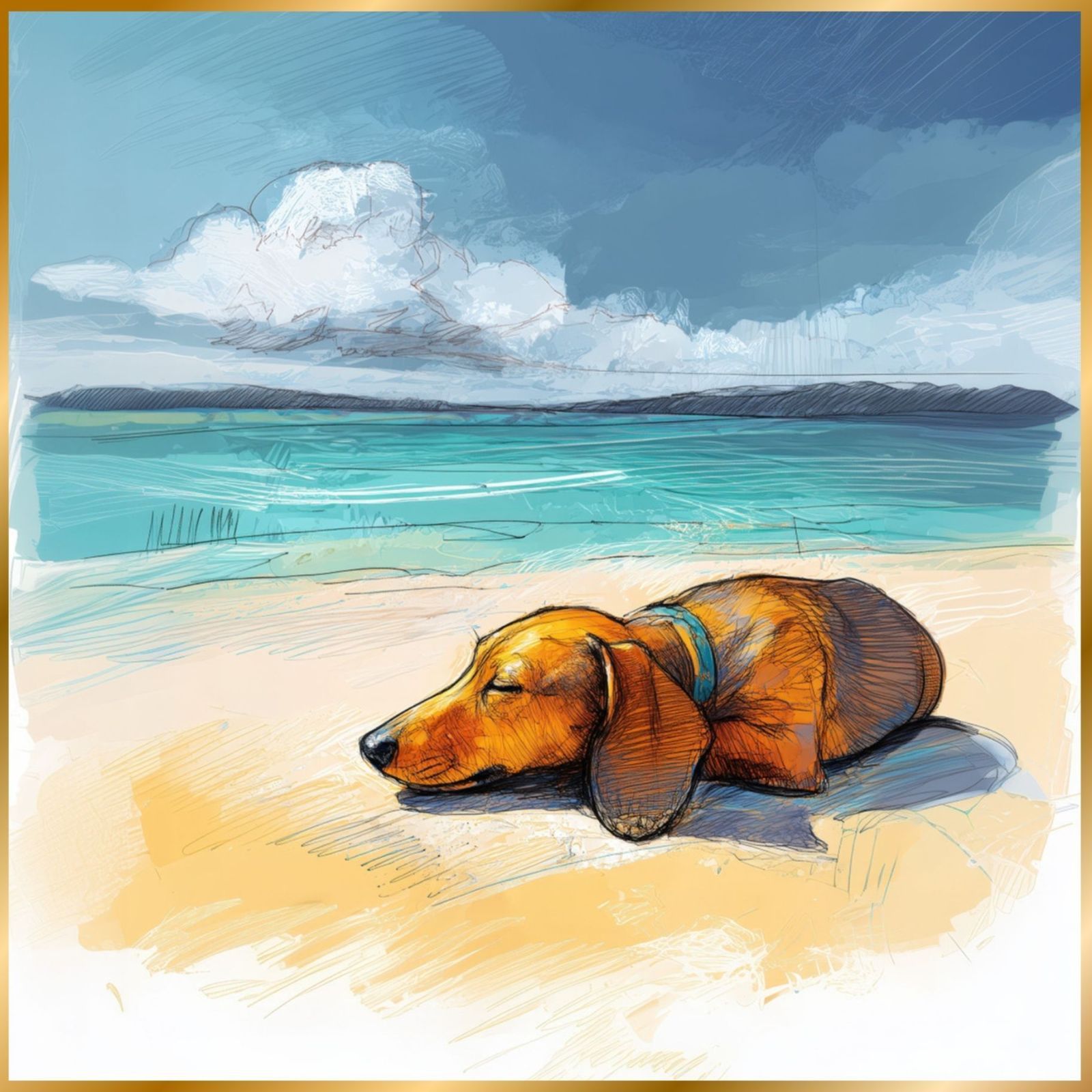 ダックスフンド犬とビーチのスケッチ No.1 海 犬の絵 犬のイラスト おしゃれ ミニマリスト ミニマリズム シンプル インテリアアート ペットロス うちの子 記念日 アートポスター ギフト プレゼント