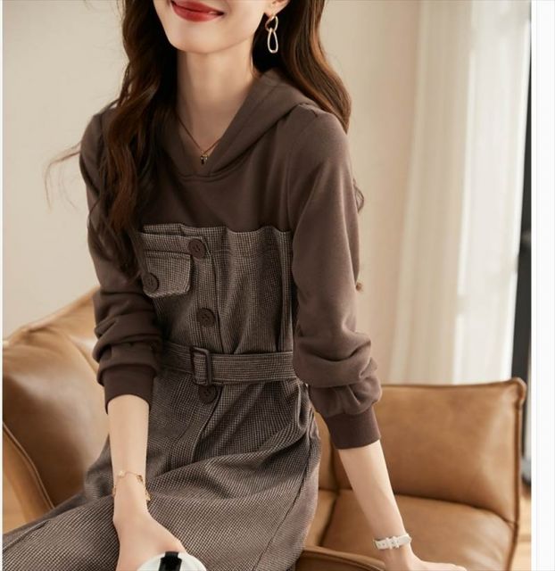 重ね着風 ドッキングワンピース ベアワンピース レトロ パーカー