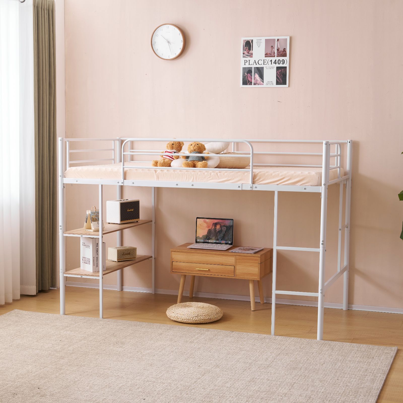 GW大 15％OFF 人気再入荷 ロフトベッド パイプベッド シングルベッド 収納棚付き ロータイプ ロフトベッドロータイプ 木 収納 北欧風 おしゃれ 子供部屋 スチール 耐震