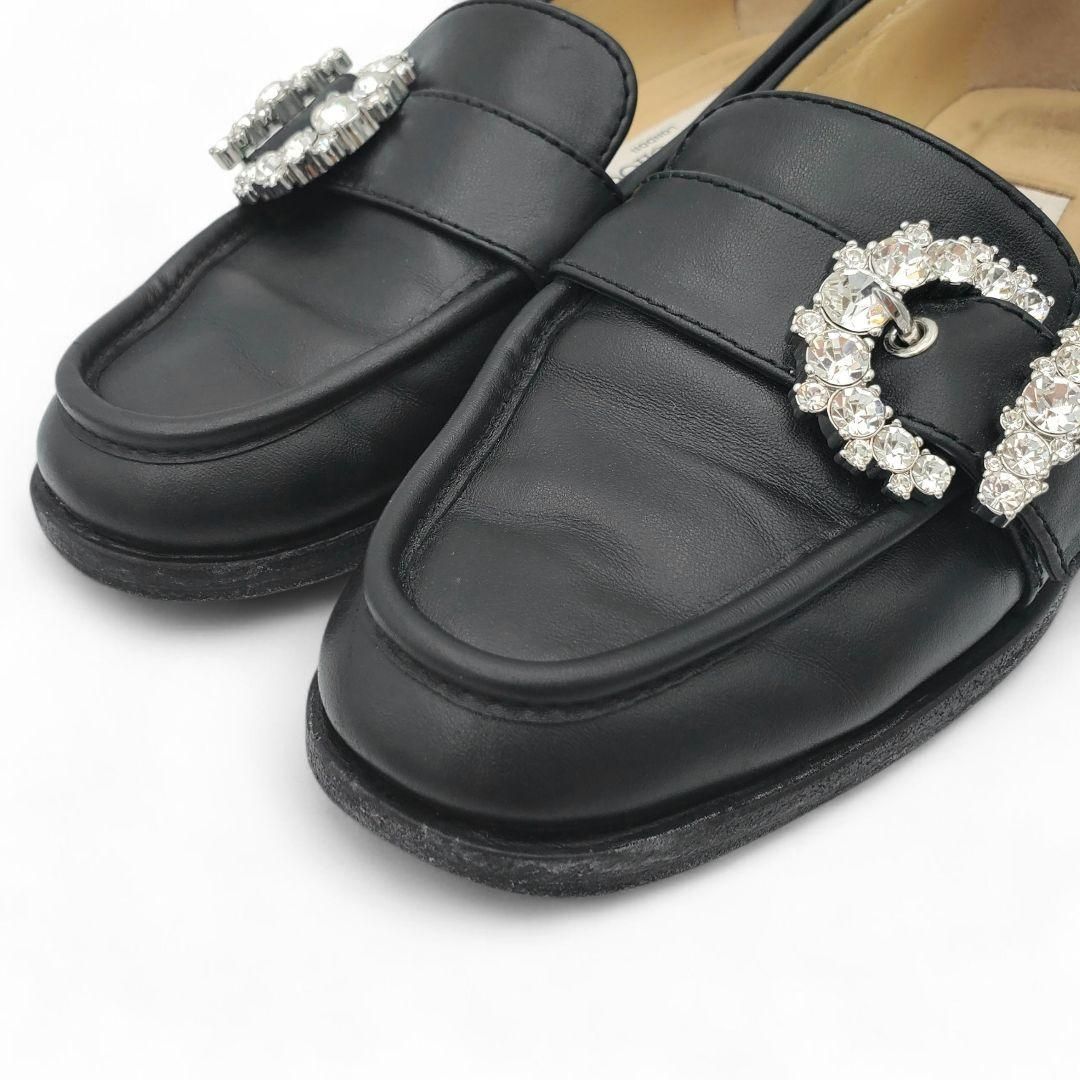 JIMMY CHOO Black Leather Loafers Crystal Buckle CHERI LOAFER