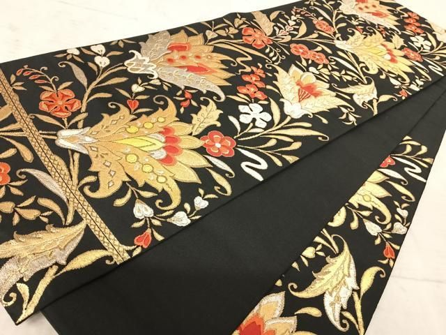 平和屋着物◎六通柄 本袋帯 更紗花文 黒地 金糸 正絹 逸品