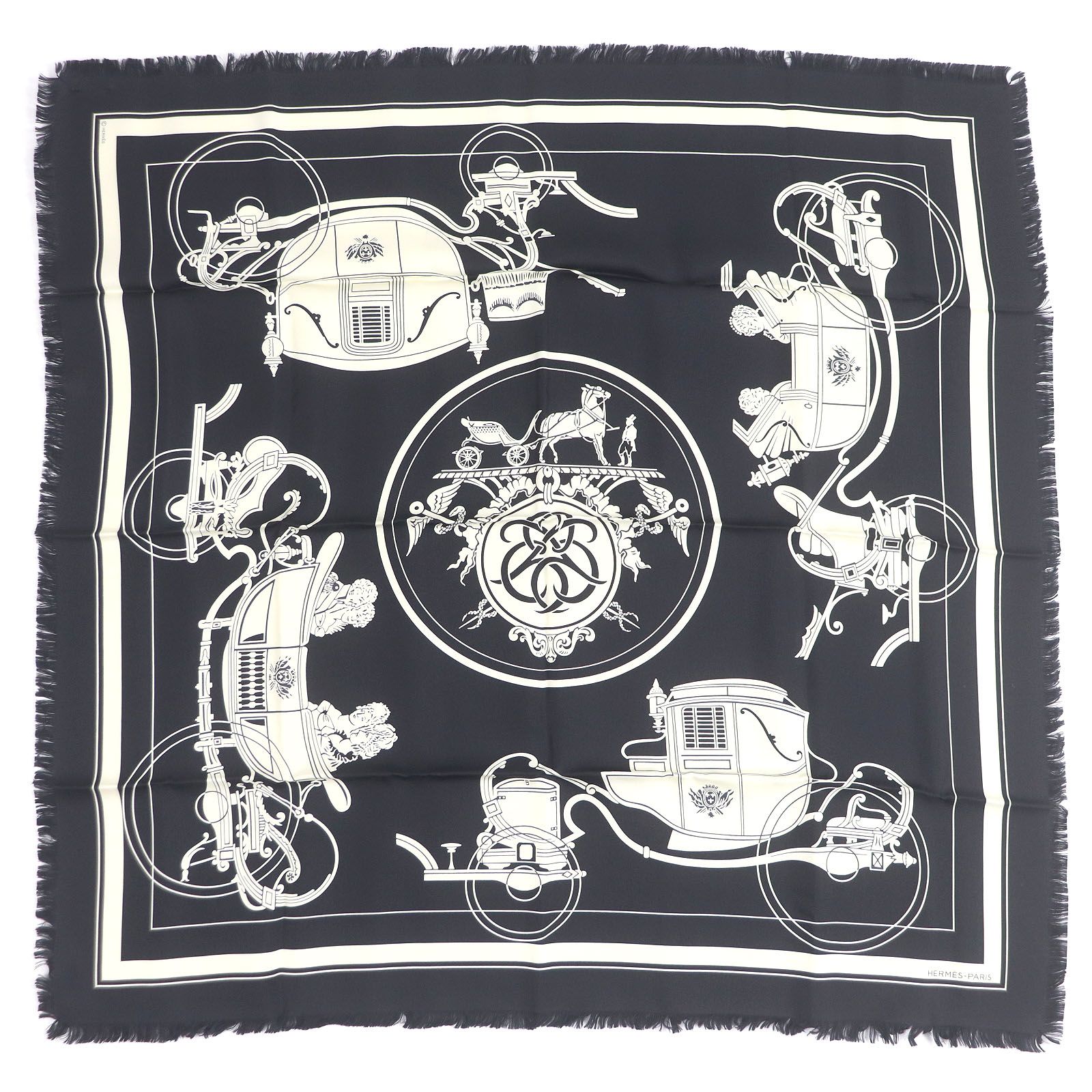 ♥品□HERMES エルメス カレ 80 エクスリブリス シルク100％ フリンジ スカーフ ブラック エクリュ き フランス製 レディース