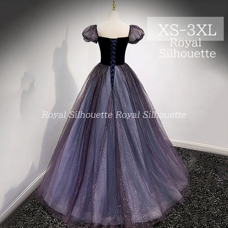 パーティードレス ナイトドレス ネイビー 紺 ラメ パフスリーブ 結婚式 大きいサイズ 謝恩会 XS S M L XL LL 2XL XXL 3XL XXXL パーティー 姫系 発表会 演奏会 プリンセス フェミニン お姫様 紐タイプ