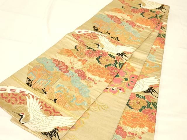 平和屋着物◎アンティーク 大正ロマン 丸帯 唐織 飛鶴花文 金糸 正絹