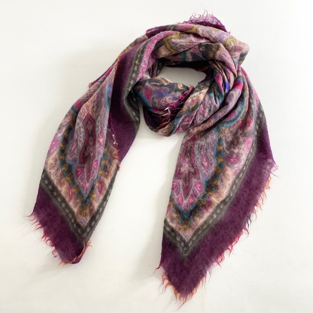 40h8 エトロ ETRO マフラー ウール ブラウン×パープル×マルチ 美品