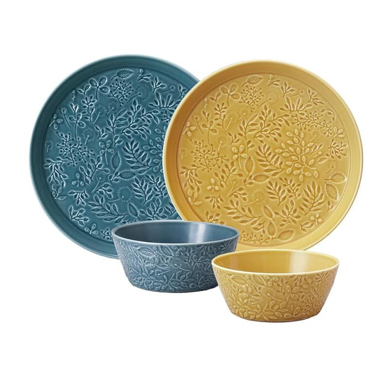 NARUMI ナルミ 食器セット アンナ エミリア 花柄 2色セット ブルー アンバー かわいい レリーフ 2人用 4ピース入り 電子レンジ オーブン 食洗機対応 ギフト箱入り 41798-33556 0