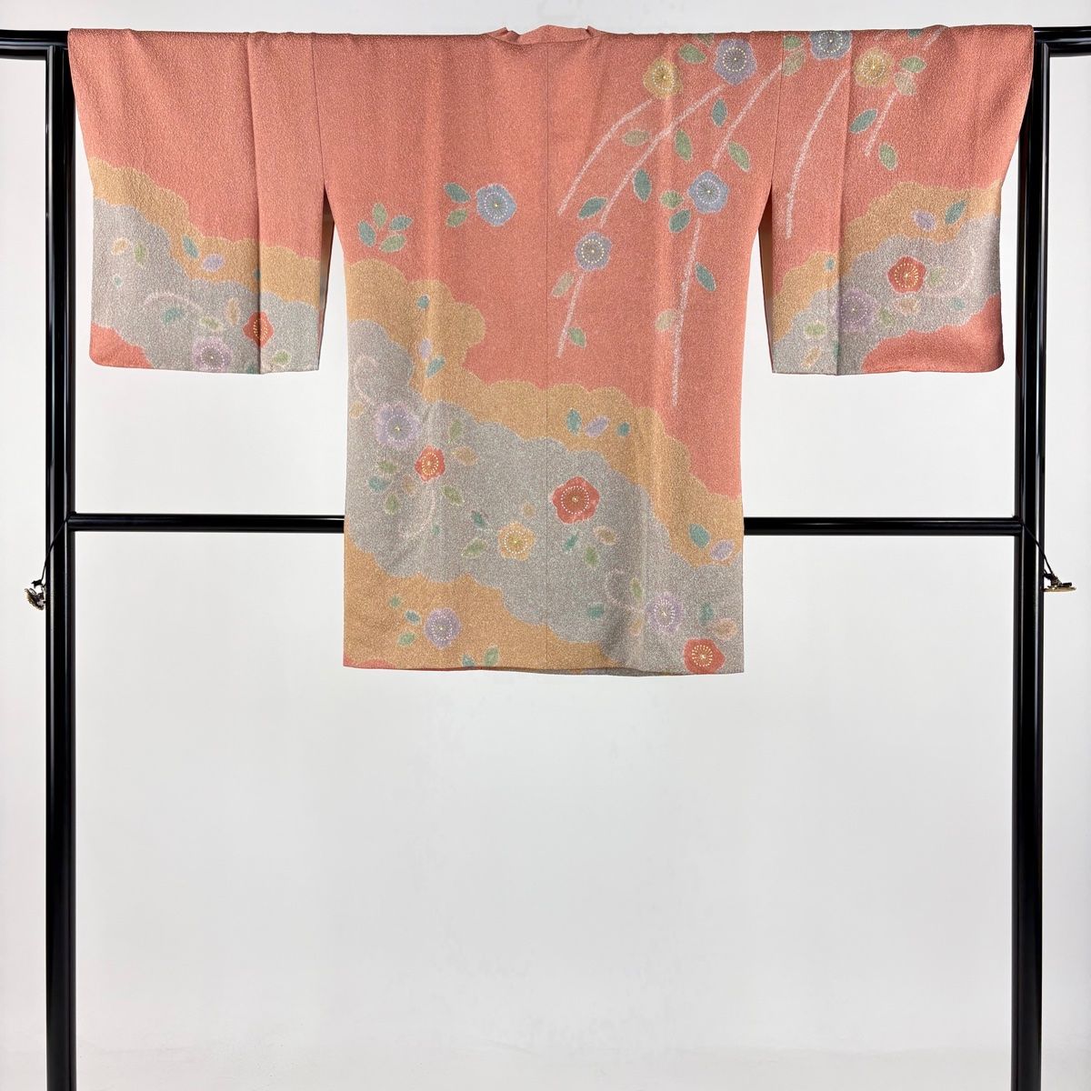 道行 身丈85.5cm 裄丈64cm M 和装コート 角衿 梅 雲文 金彩 縮緬 サーモンピンク 正絹 秀品