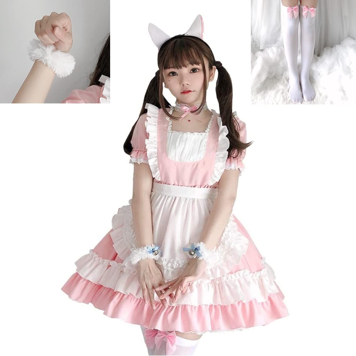 [Wonderfall] メイド服 コスプレ カチューシャ チョーカー ハロウィン (ピンク(猫耳、シュシュ、ソックス)， S) 