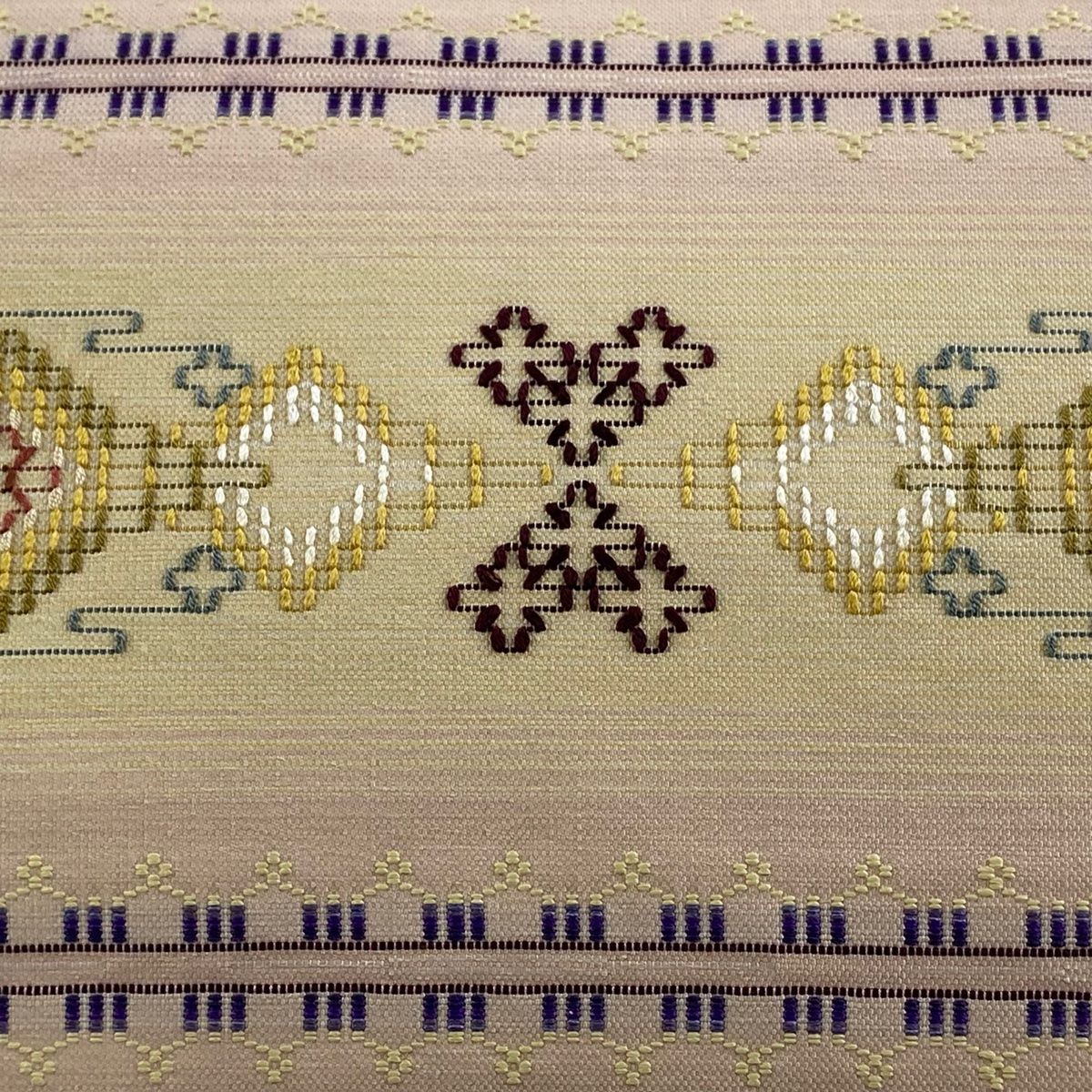 名古屋帯 八寸名古屋帯 松葉仕立て 幾何学模様 刺繍 ベージュ 正絹