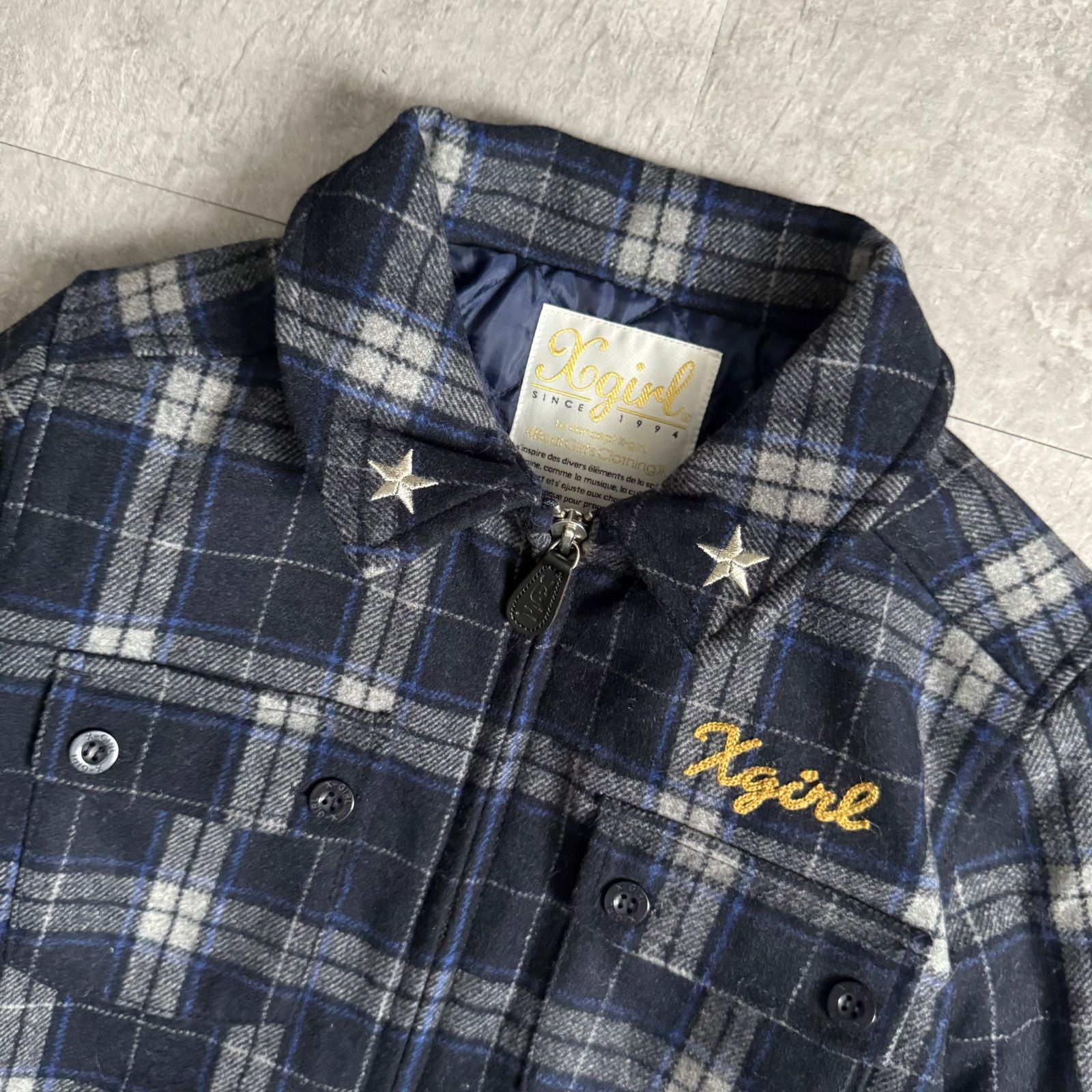 極美品✨RRL 開襟シャツ　三つ星　チェック　綿　ネイビー　XL 希少 X-girlネイビーグレーチェックジャケット星刺繍ウールフルジップ