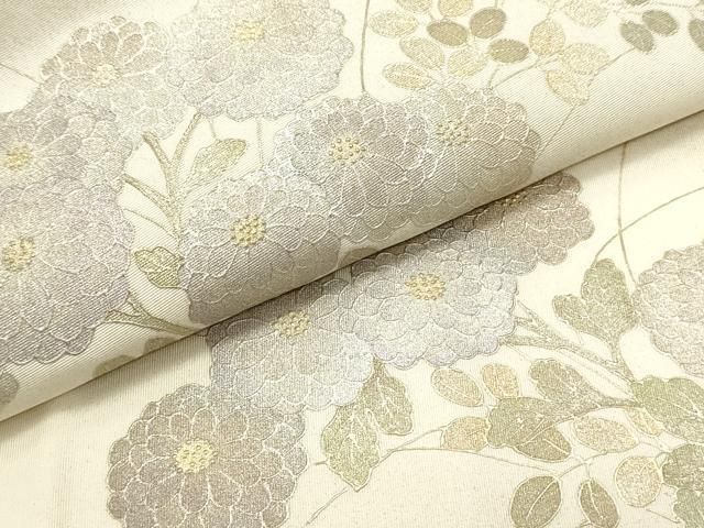 和*ん様 値下げ❣️新古品 正絹 白生地 寿光織 反物 羽尺 桐箱入り 平和屋着物○塩瀬 九寸名古屋帯 霞草花文 薄卵色 金銀彩 正絹