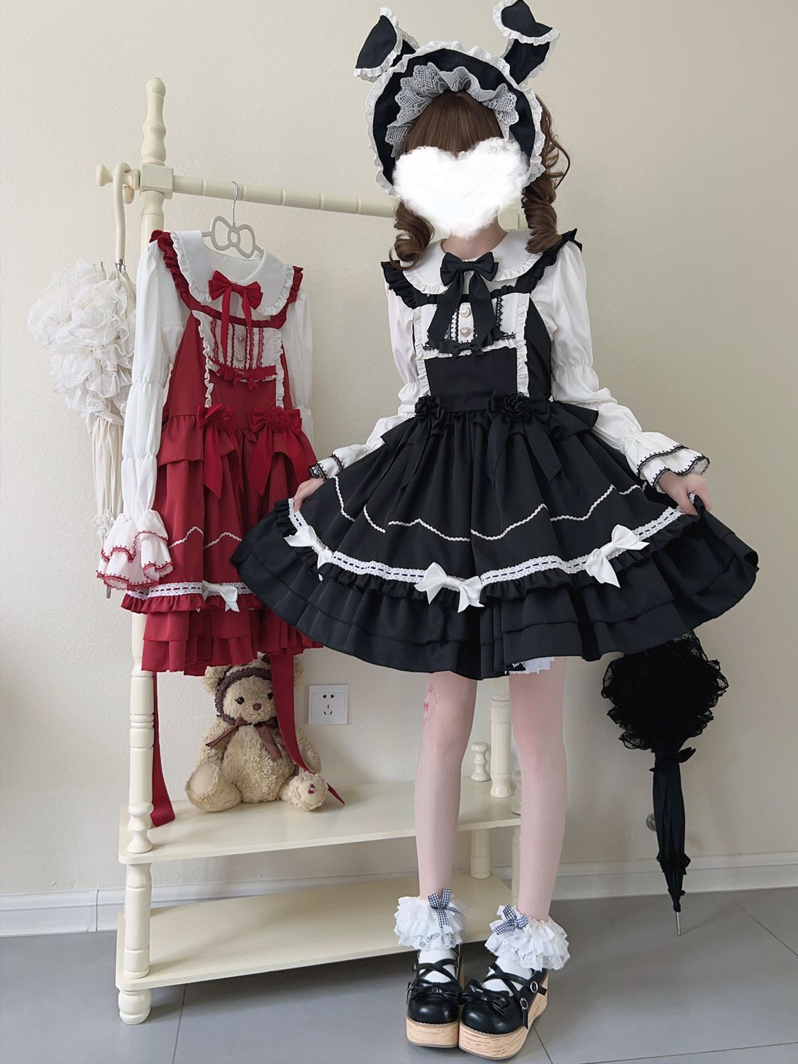オリジナルデザイン ロリータ Lolitaジャンパースカート ブラック ブルー レッド ピンク デザイン 秋冬用 JSK 吊りスカート ジャンスカ S～Lサイズ対応