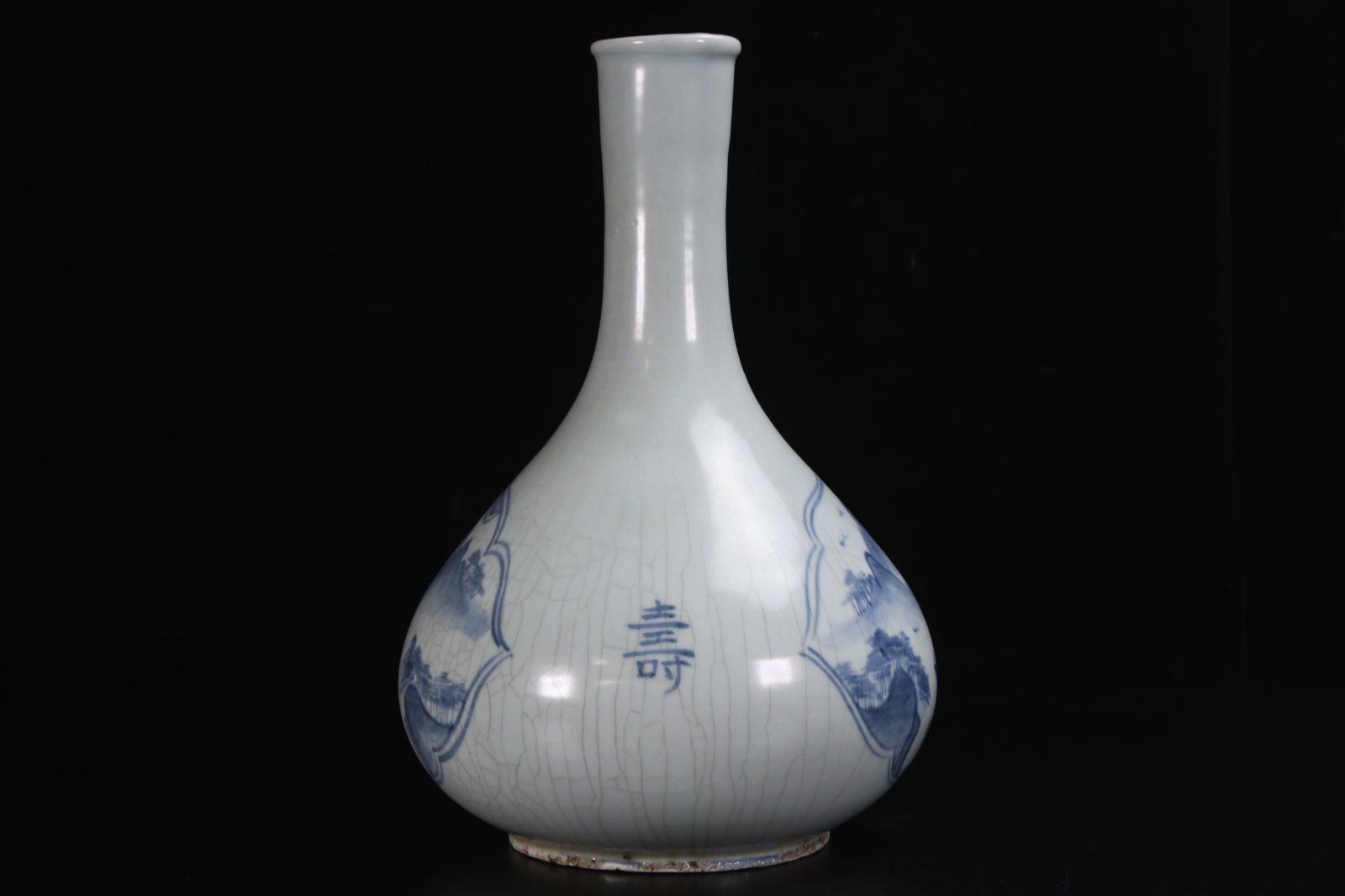 李朝時代 白磁製 染付窓絵山水文花瓶 29cm 朝鮮古陶 唐物骨董 楾