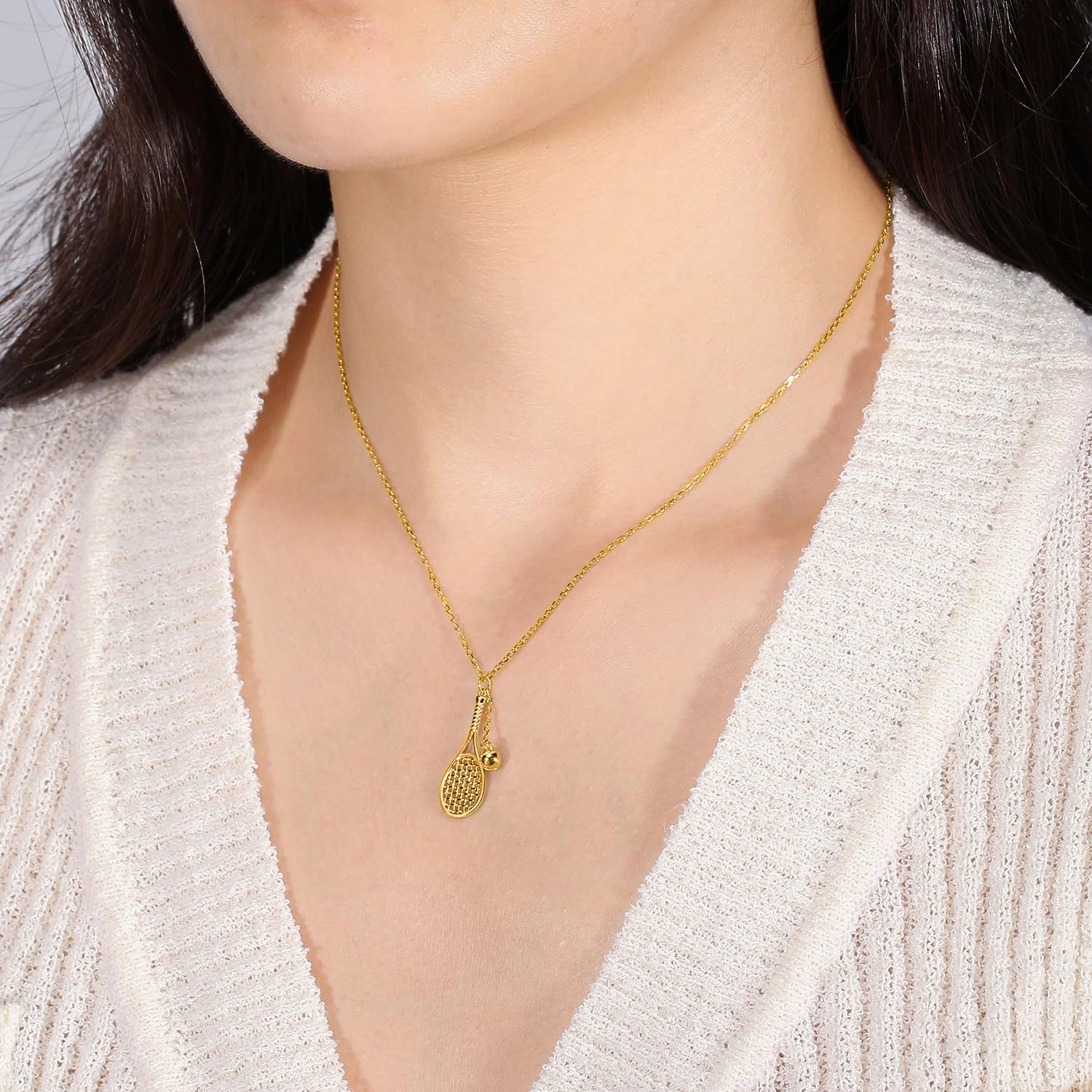 PickleBelle Lovematch テニスラケットとボールネックレス - 18Kゴールドネックレス レディース | 彼女へのギフト 誕生日 バレンタインデー 結婚記念日 クリスマスプレゼント テニス愛好家へのギフ Lovematch PickleBelle アクセサリー ラリアットラケットとボールネックレス 木材PickleBelle PICKLE