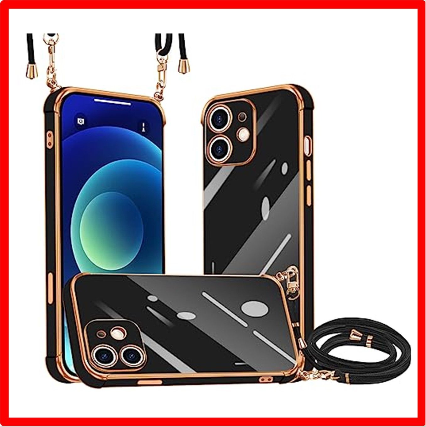 【匿名配送】 iPhone 12_ブラック iPhone 12 用 ケース ショルダー 新型韓国 可愛い 薄型 軽量 TPU 耐衝撃 シリカゲル メッキ加 TP