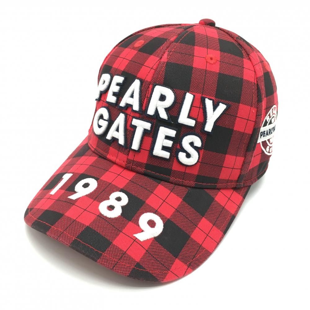 【超美品】パーリーゲイツ キャップ レッド×黒 チェック 裏起毛 汗取りパット付 FR  ゴルフウェア PEARLY GATES