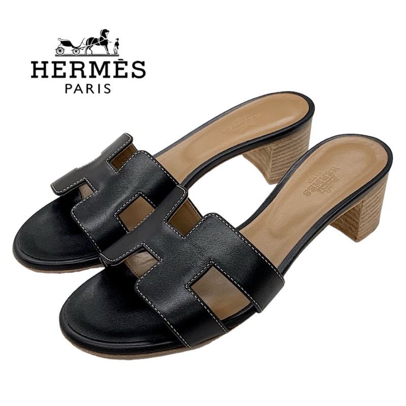 エルメス HERMES オアジス サンダル 靴 シューズ レザー ブラック 黒  