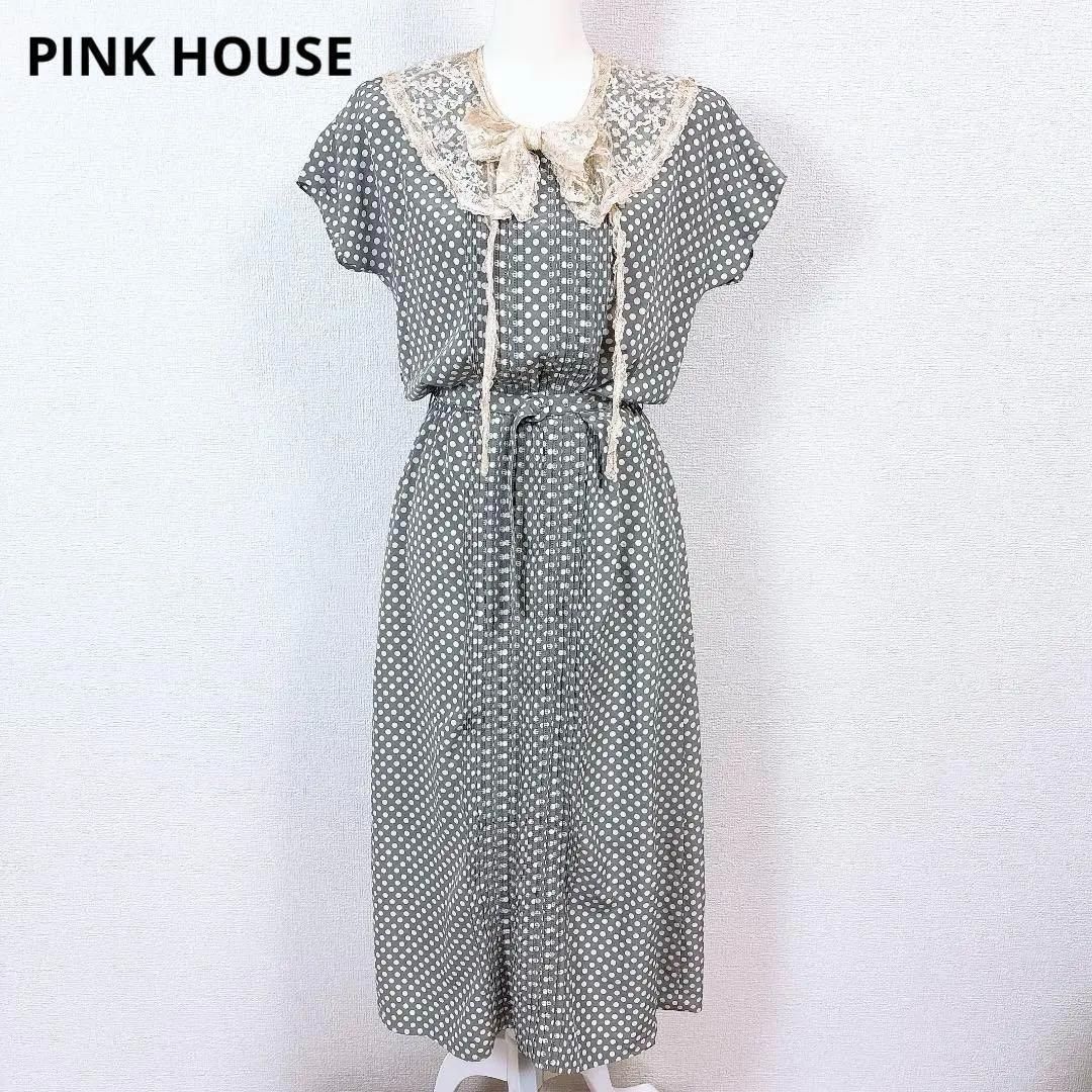 PINK HOUSE 半袖ロングフ ワンピース 首襟レース ドット
