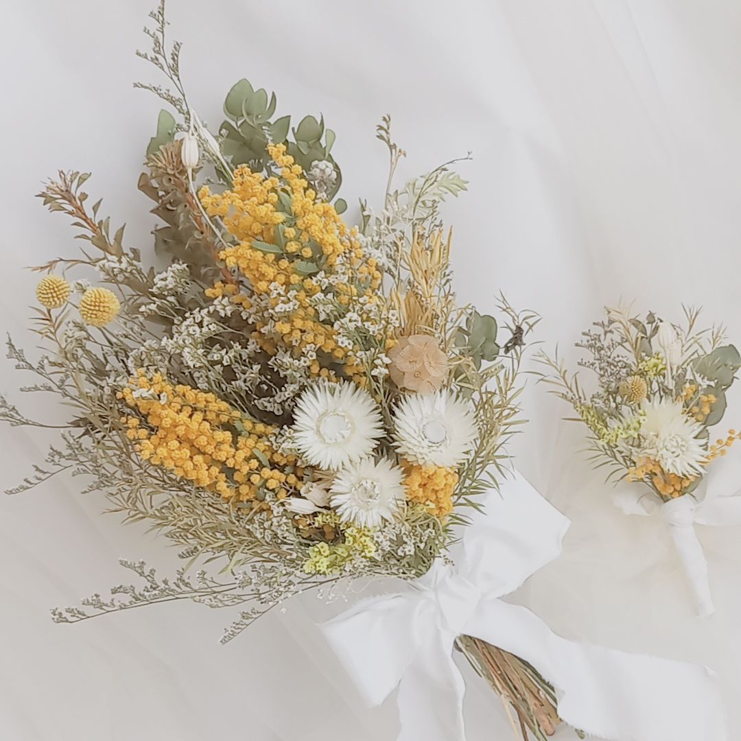 15 ドライフラワー ブーケ ブートニア ウェディング 花束 ミモザ  