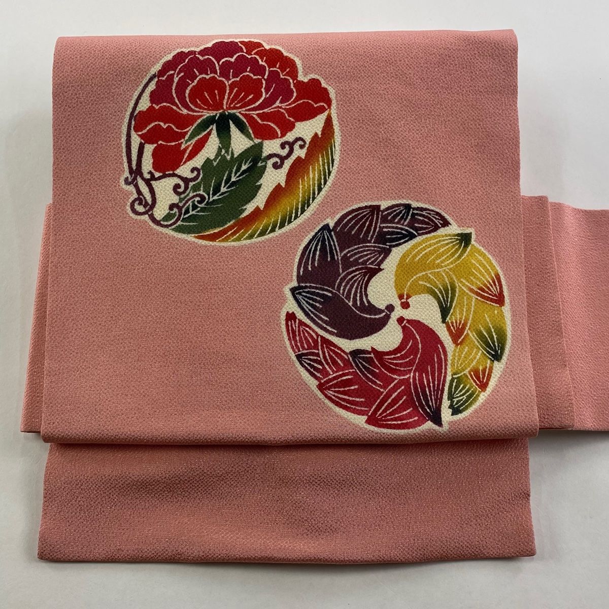 付け帯 秀品 作り帯 草花 花丸文 縮緬 ピンク 正絹