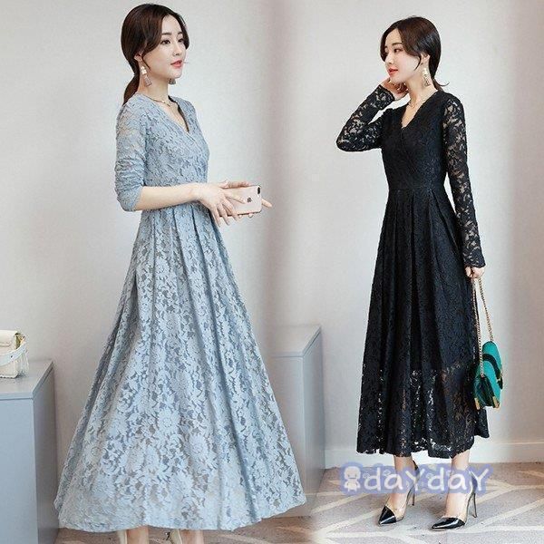 ワンピース レディース 40代 きれいめ 春秋 長袖 上品 マキシワンピース レース Vネック チュニック 大きいサイズ パーティードレス 韓国風 おしゃれ 着痩せ OL