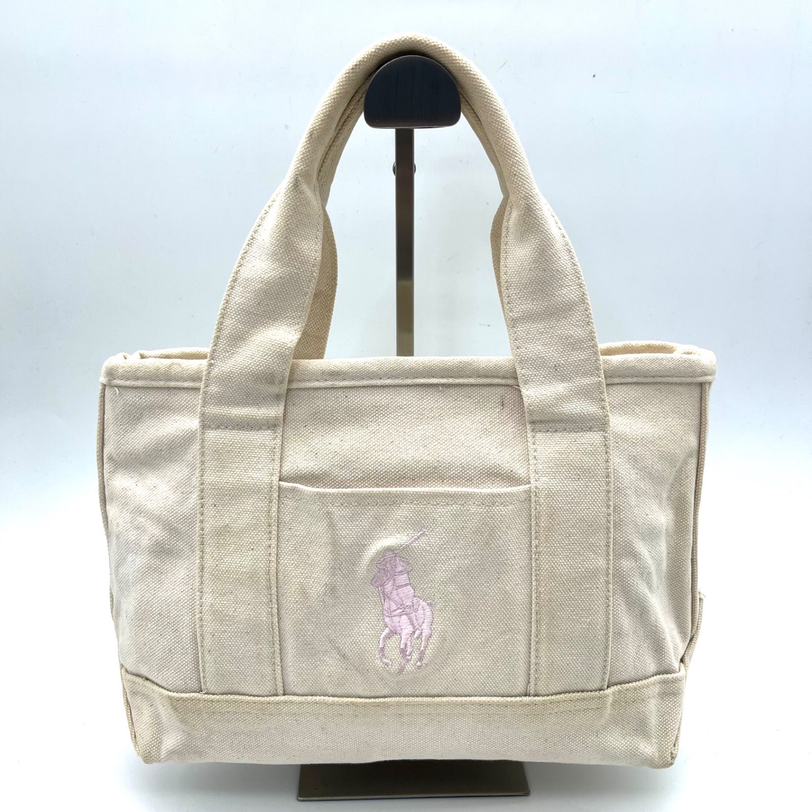 ラルフローレン 帆布キャンパス ハンドバッグ 自立型 刺繍ロゴ ポロ ラルフローレン POLO RALPH LAUREN ポニー ロゴ刺繍 トート