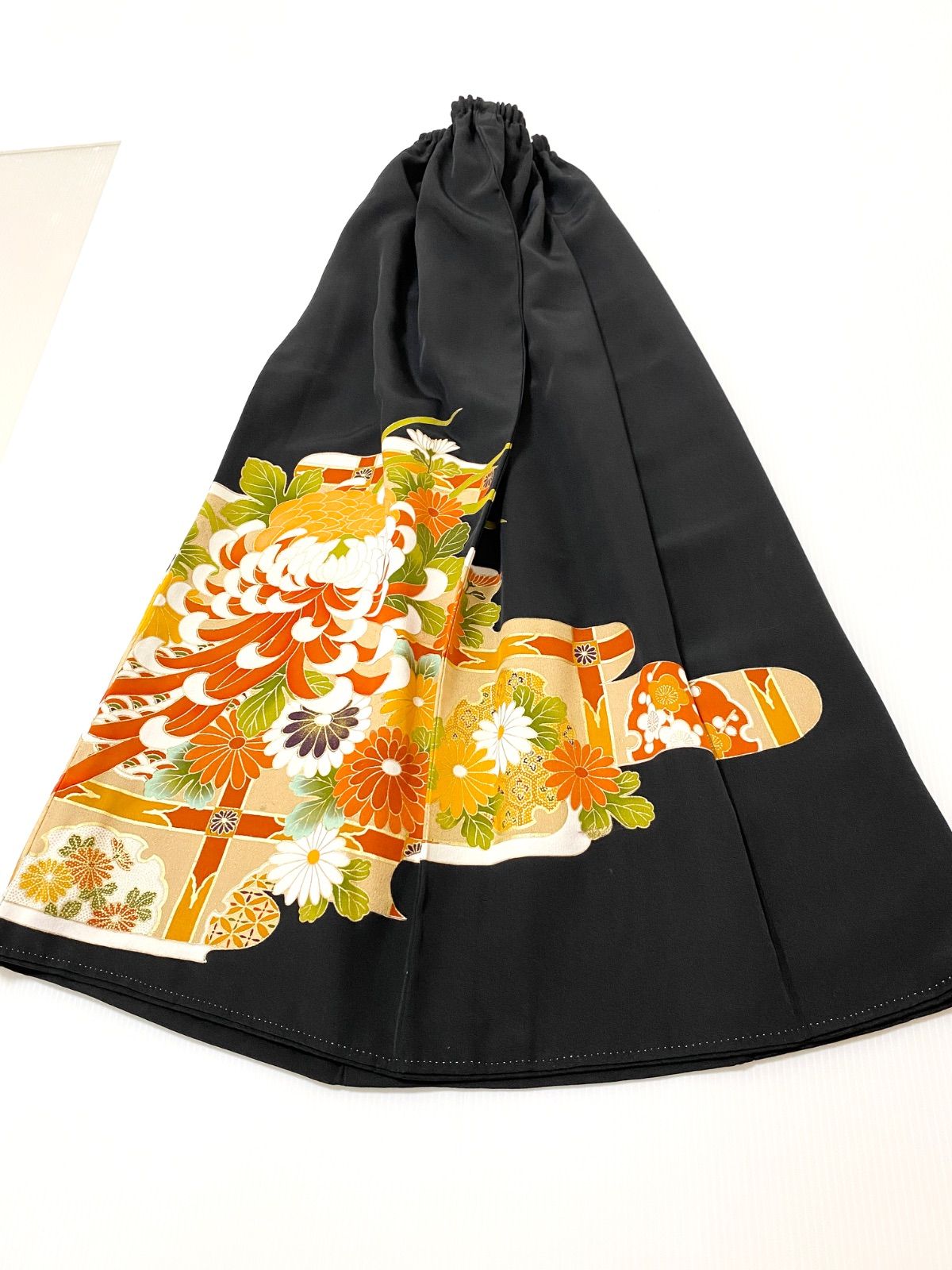 大人 セレブ着物スカートフリーサイズ1点物黒留袖着物リメイクウエストゴムロングスカートフリーサイズ