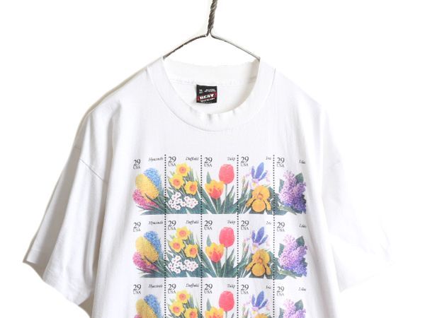 90s USA製 花 切手 アートプリント Tシャツ フラワー グラフィック 白-