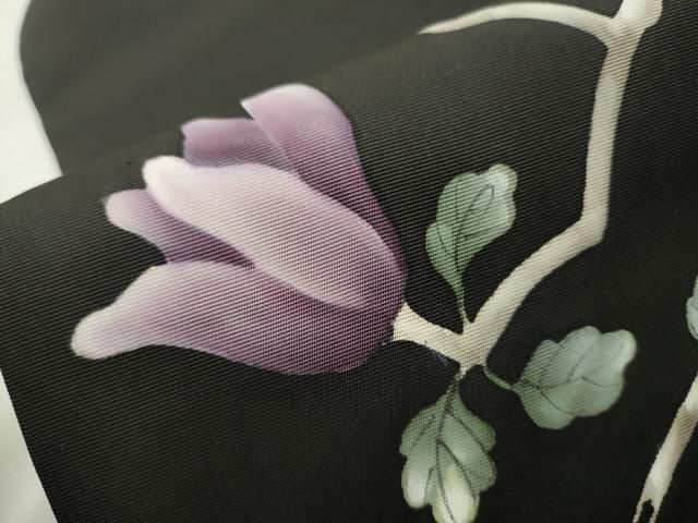 平和屋着物○塩瀬 九寸名古屋帯 手描き 枝花文 黒地 正絹 逸品