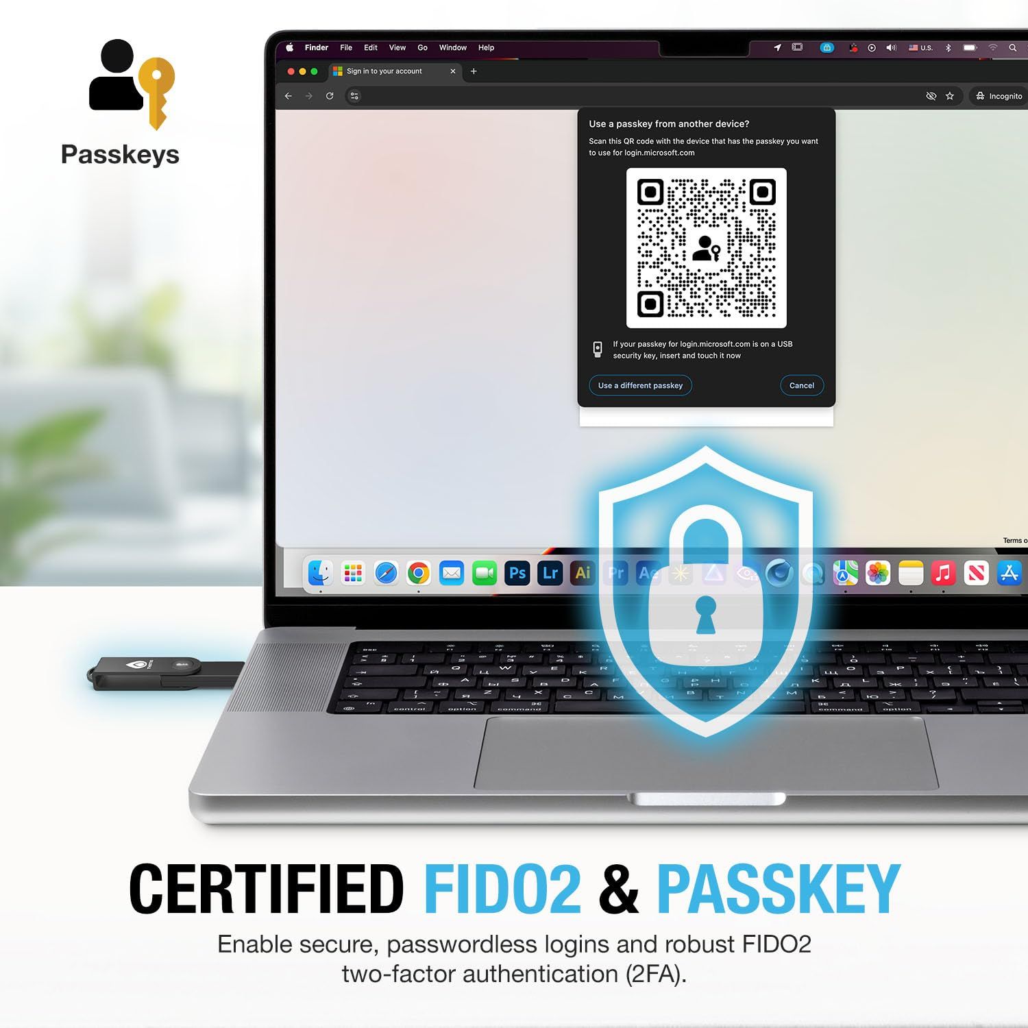Thetis Pro-C FIDO2 セキュリティキーは、USB CまたはNFCデバイス経由で接続、FIDO